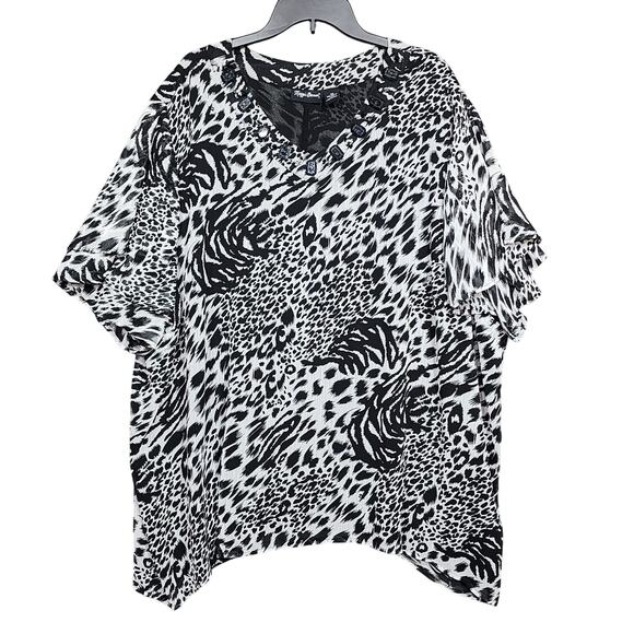 Maggie Barnes Chiffon Blouse 4X Animal‎ Print Bead Embellished Black and White - Picture 1 of 7